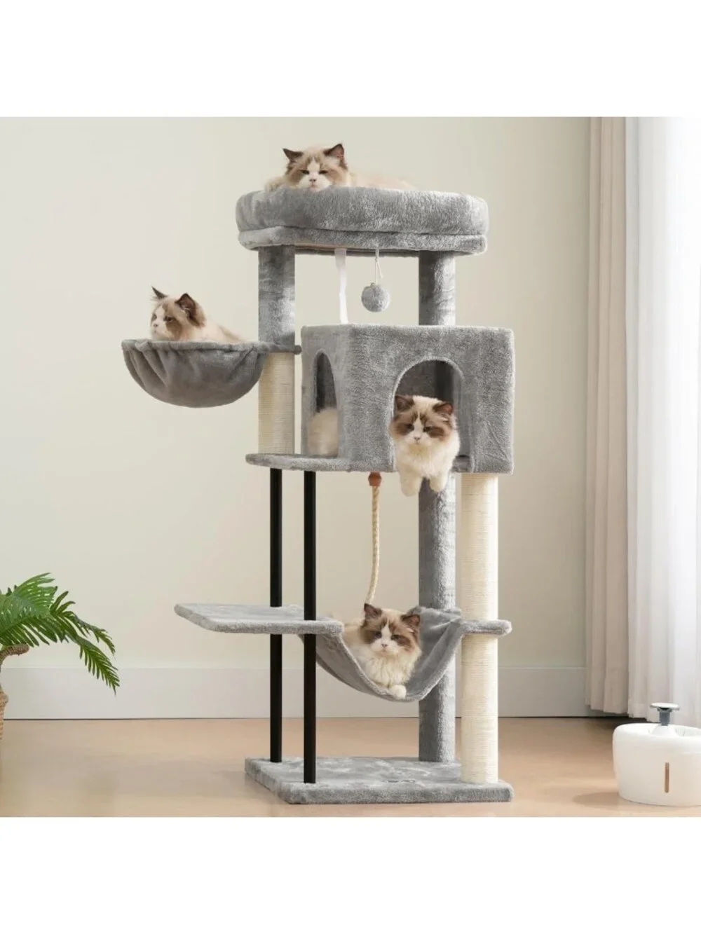 Cozy 43.3'' Cat Tree Tower with Hammock, Scratching Post & Large Platform, Light